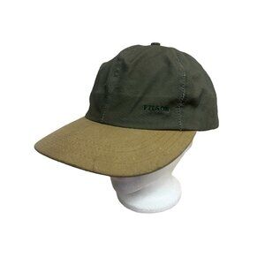 Vtg CC Filson Hat Cap Strap Back 2-Tone Green Tan Canvas Leather Tin Cloth USA